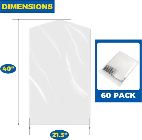 Vista 5 de 60 paquetes de bolsas para limpieza en seco para ropa de 40 pulgadas de largo - Bolsas transparentes de plástico para colgar ropa, cubierta