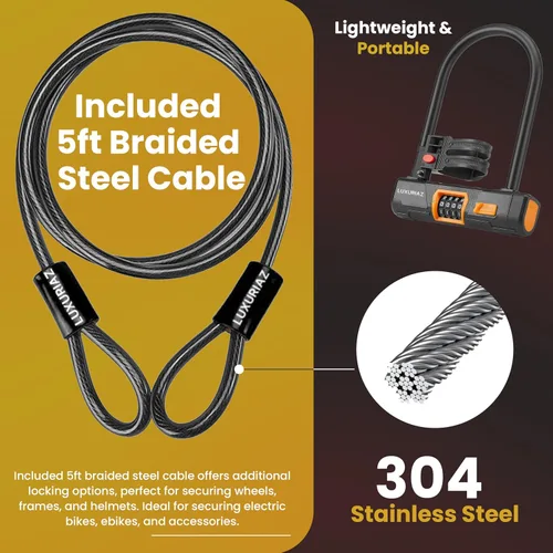 Vista 3 de Cerradura de bicicleta resistente con cable de acero de 5 pies, combinación reiniciable de 4 dígitos, bloqueo de cable duradero para protección