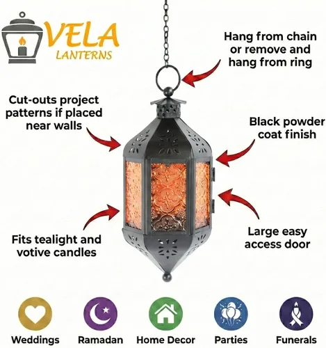 Vista 5 de Vela Lanterns Farol portavelas decorativo marroquí colgante de 11.5 pulgadas, portavelas para interiores y exteriores, para patio, porche, ramadán
