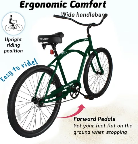 Vista 4 de Tracer Bicicleta de crucero de playa para adultos, ruedas de 26 pulgadas, freno de montaña de una sola velocidad, bicicleta doble para mujeres, M&F