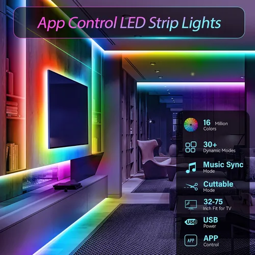 Vista 4 de Tira de luces LED, 150 luces LED RGB de 16.4 pies para TV de 32 a 75 pulgadas por detrás, sincronización de música, control de aplicación, tira LED