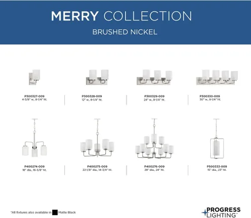 Vista 4 de Progress Lighting Merry Collection - Lámpara de tocador de baño de transición de cristal grabado en níquel cepillado (1 luz)
