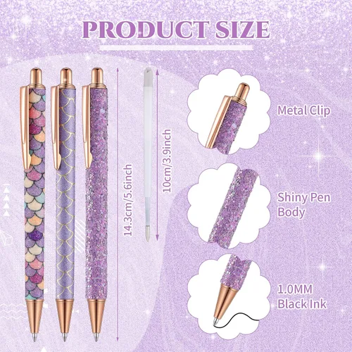 Vista 2 de Sherr 7 bolígrafos elegantes para mujer, lindos bolígrafos de purpurina brillantes con 10 recambios de tinta negra, bonitos regalos para niñas