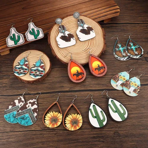 Vista 3 de Jstyle 9 pares de aretes occidentales para mujer, aretes vaqueros, bohemios, vintage, girasol, bohemio, turquesa, con estampado de vaca, cuero
