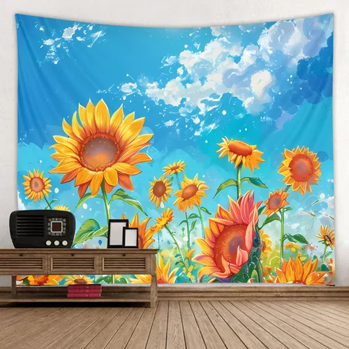 Vista 7 de WODEJIAFANG Tapiz estético de tela para pared, tapiz decorativo de girasol, fondo de oficina, divisor de habitación para dormitorio, jardín al aire