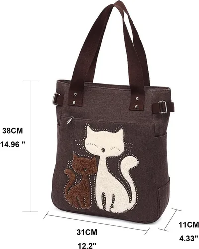 Vista 2 de KAUKKO Women Canvas Handbag Shoulder Bag Cat Big Tote Bag