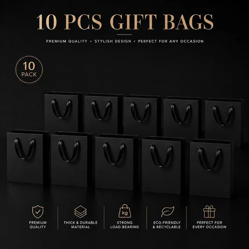 Vista 4 de SHIPKEY Paquete de 10 bolsas de regalo pequeñas Bolsa de regalo negra de 6x2.5x8 pulgadas, bolsas de papel para hombres, bolsa de recuerdo