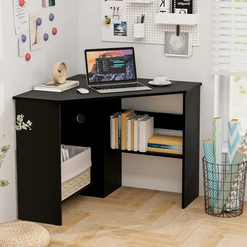 Vista 3 de Escritorio esquinero Tangkula, escritorio de computadora de 90 grados en forma de triángulo para espacios pequeños, escritorio esquinero