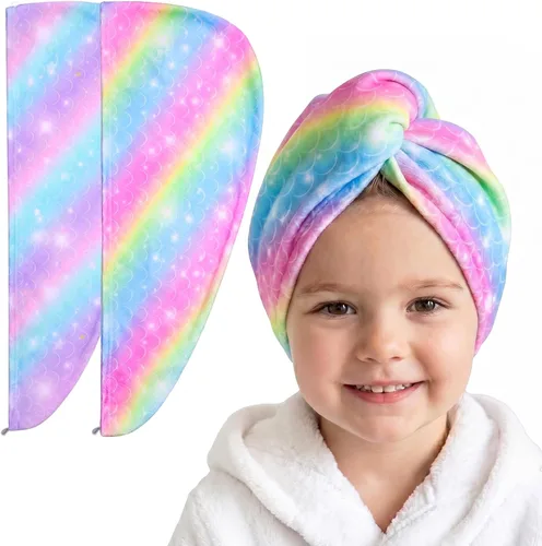 Vista 8 de Basumee Toalla Envolvente de Microfibra para el Cabello para Niños Paquete de 2 Toallas de Cabello de Secado Rápido con Botón Turbantes para Cabello