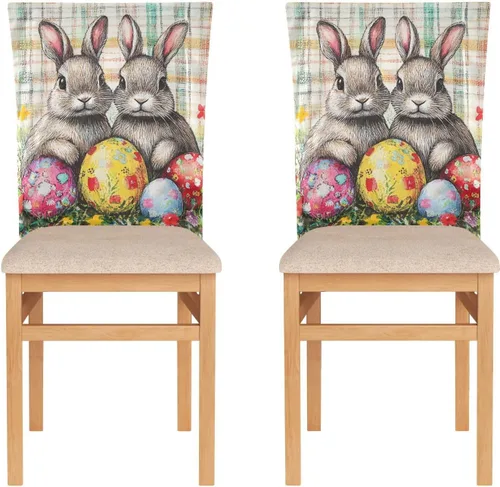 Vista 2 de Juego de 6 fundas decorativas para sillas de banquetes de boda, diseño de conejo, conejos, conejos de búfalo, para mesa de comedor