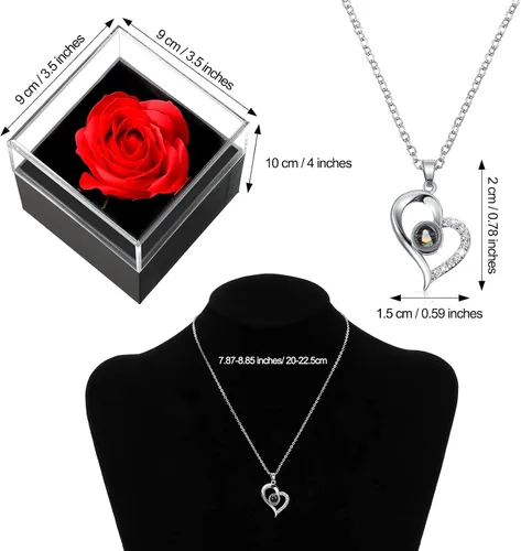 Vista 3 de Hicarer Collar con dije de corazón de proyección en 100 idiomas con rosa roja, caja de almacenamiento de joyas, regalos para mamá, mamá, día