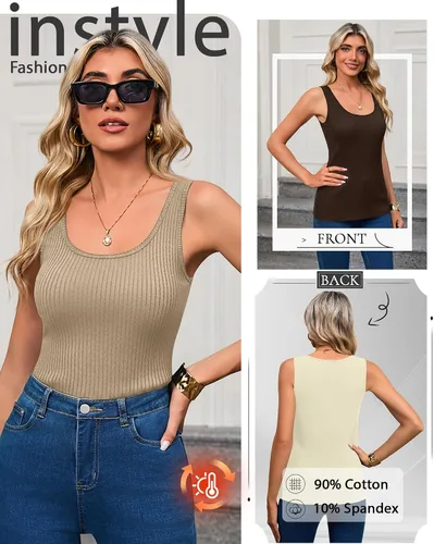 Vista 2 de Paquete de 3 camisetas térmicas sin mangas acanaladas para mujer, de forro polar de algodón, cuello redondo, ajustadas, capa base de camisola