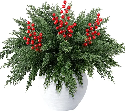 Vista 13 de Paquete de 15 ramas de pino de Norfolk de Navidad, tallo de bayas rojas Un