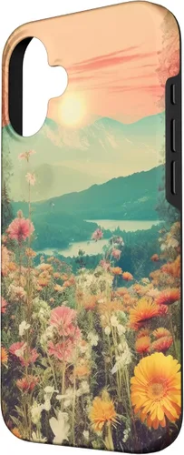 Vista 2 de iPhone 16 Boho Mountain Moon Phases Floral Aesthetic Chic Retro Sunset Case