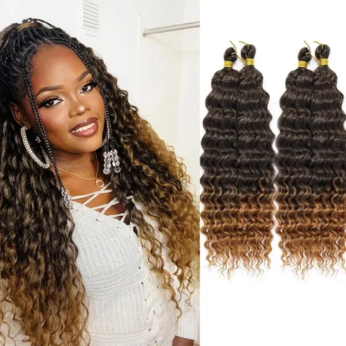 Vista 16 de Mezcla de cabello humano para trenzar, cabello sintético rizado bohemio para trenzar, trenzas bohemias de 16 pulgadas, 4 paquetes de 110g/paquete