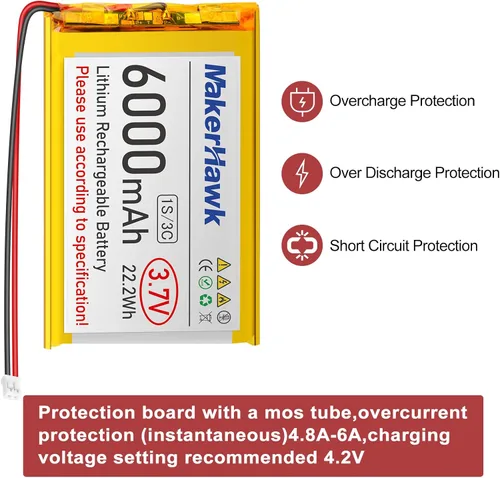 Vista 7 de MakerHawk Batería LiPo de 3.7V 6000mAh recargable 1S 3C 906090 Batería de polímero de litio con placa de protección, cinta de goma aislada, enchufe