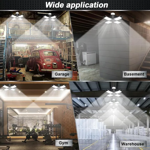 Vista 6 de Paquete de 2 luces LED para garaje, 150W 15000LM 6500K luces LED para taller, luces de garaje de techo LED con 4 paneles deformables, rosca