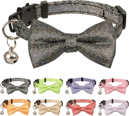 Vista 6 de Collar de gato con pajarita brillante para gatos, campanilla, fiesta, boda, fiesta, brillante, 7-11 pulgadas, niña, niño, mascota, color liso