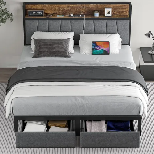Vista 10 de CIKUNASI Base de cama tamaño Queen con cabecero y cajones de almacenamiento, base de cama con estación de carga de almacenamiento, marco de cama