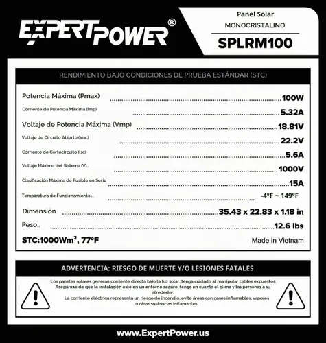 Vista 5 de ExpertPower Kit de energía solar de 100 W y 12 V Panel rígido mono de 100 vatios + batería de gel de 12 V 21 Ah + controlador de carga solar de 20