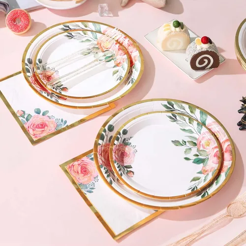 Vista 6 de Juego de 350 platos de papel floral, platos desechables con borde dorado para 50 invitados, suministros de fiesta para adultos, jardín, fiesta
