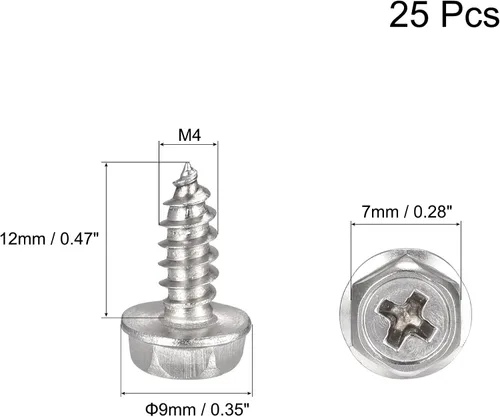 Vista 2 de uxcell Phillips - Tornillos autorroscantes para arandela hexagonal, M4 x 0.472 in, acero inoxidable 304, brida hexagonal, 25 piezas