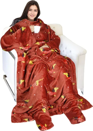 Vista 34 de Catalonia - Manta de vestir de vellón con mangas y compartimientos para los pies, para mujeres y hombres, manta de microfelpa cómoda y envolvente