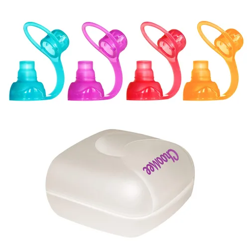 Vista 8 de ChooMee SoftSip - Tapas para bolsas de alimentos, 4 colores + funda morada, evita derrames y protege la boca de los niños