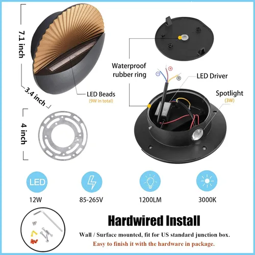 Vista 5 de Kawell Moderno y creativo aplique de pared LED de 12 W, impermeable, lámpara de pared para interiores y exteriores, efecto Art Deco para dormitorio