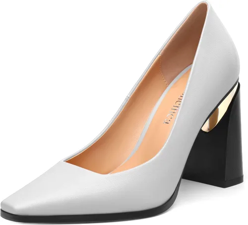 Vista 11 de Tacones altos para mujer, zapatos de vestir de tacón grueso con puntera cuadrada cerrada de patente, tacones elegantes, zapatos de vestir diarios