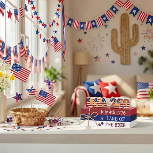 Vista 4 de Smile 4 de julio 250th Anniversary - Bloque de madera con decoración de Estados Unidos, 5 piezas "Land of the Free", bandeja patriótica escalonada
