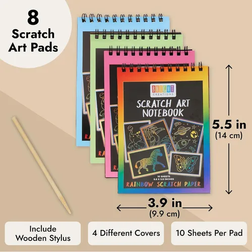 Vista 4 de Paquete de 8 blocs de papel de rayas arcoíris para niños con lápices de madera, 10 hojas (5.5 x 3.9 pulgadas)