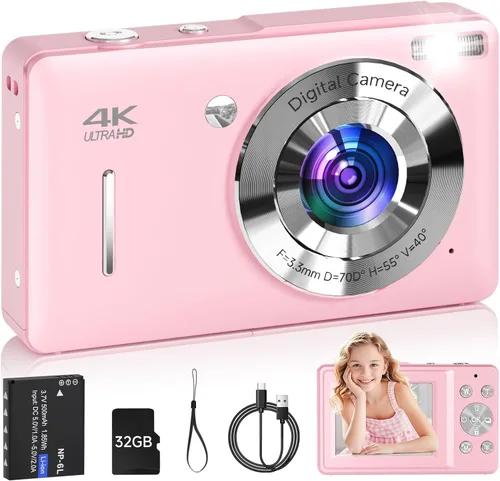 Vista 11 de Cámara digital para niños, FHD 1080P 44MP Cámara digital de punto y disparo con detección de rostros, captura de sonrisas, zoom 18X, 20 filtros