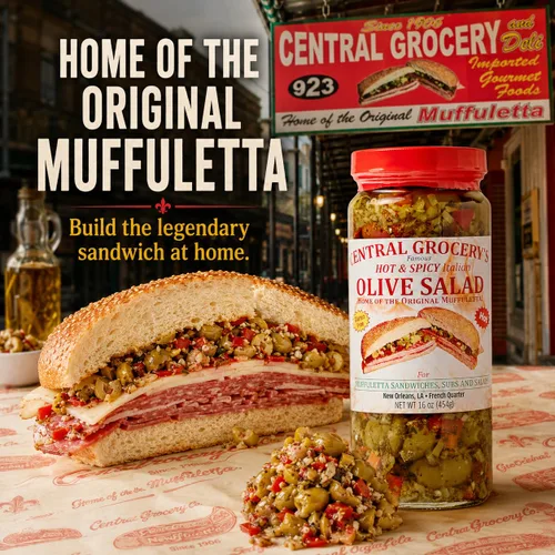 Vista 3 de Central Grocery Ensalada de aceitunas picante y picante de 16 onzas, auténtica ensalada de aceitunas italianas de Nueva Orleans, sándwich picante