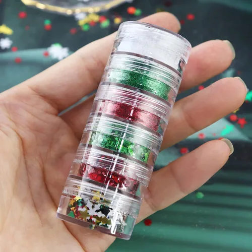Vista 6 de Árbol de Navidad con copos de nieve 3D para árbol de Navidad, lentejuelas mezcladas de 3 colores con purpurina en polvo hexagonal con purpurina