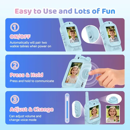 Vista 4 de Walkie Talkies de video con pantalla en tiempo real y cambiador de voz, radios recargables de largo alcance para niños de 3 a 12 años, regalos