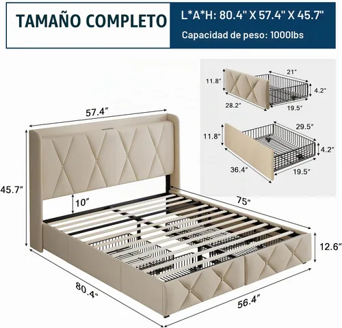 Vista 2 de GalnFu Base de cama de tamaño matrimonial con 4 cajones de almacenamiento, plataforma tapizada con estación de carga, moderna cabecera de Beige