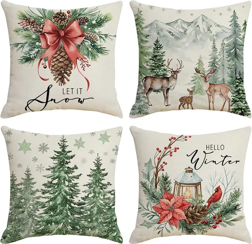 Vista 8 de Juego de 4 fundas de almohada rojas de 18 x 18 pulgadas, diseño de Papá Noel, muñeco de nieve, Feliz Navidad, para sofá, decoración de vacaciones