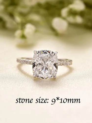 Vista 30 de Anillo de compromiso de corte cojín de 4 quilates para mujer, piedra blanca/amarilla grado 5A, circonita cúbica S925, plata, amarillo/blanco/oro rosa