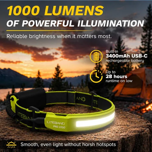 Vista 3 de Liteband PRO Serie 1000 - Linterna frontal personal ajustable de haz ancho, iluminación de 210°, funciona con pilas, se adapta a cascos y cascos