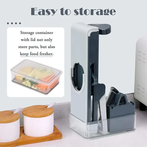 Vista 7 de Cortador de mandolina seguro para cocina, picador de verduras 4 en 1, tiras ajustables para rebanar alimentos, juliana, accesorio vertical