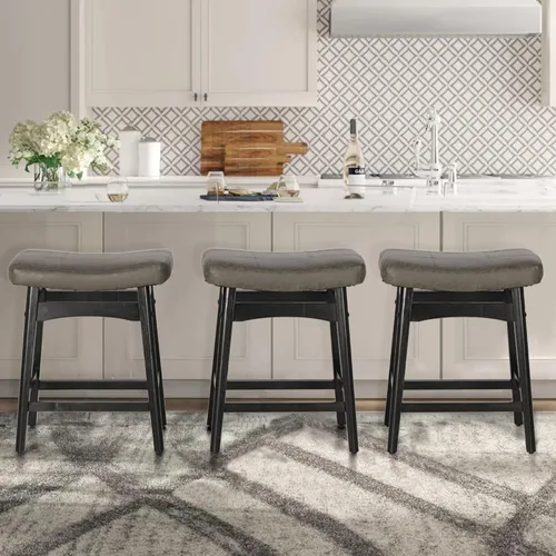 Vista 13 de ALPHA HOME Taburete de bar, taburete de cocina de silla de montar de madera maciza con cojín de tela de lino beige, taburete de bar de altura