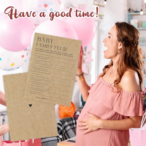 Vista 5 de Tarjeta de juego para baby shower, juego de 30 tarjetas de papel kraft con doble impresión, pelea familiar con 1 tarjeta de respuesta para bebé