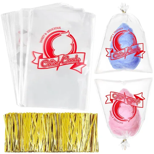Vista 10 de Geyee 500 bolsas con lazos para algodón de azúcar con estampado, bolsa grande transparente para fiestas y cocina, 11.8 x 17.7 pulgadas (nube)