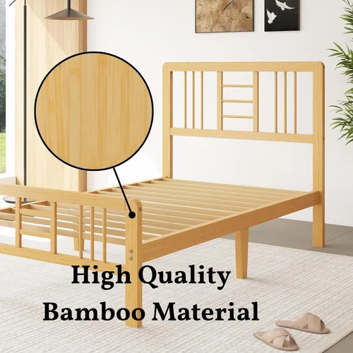 Vista 4 de Marco de cama de madera de bambú de 12 pulgadas con cabecero y estribo, marco de cama con soporte de listones de metal, resistente, no necesita