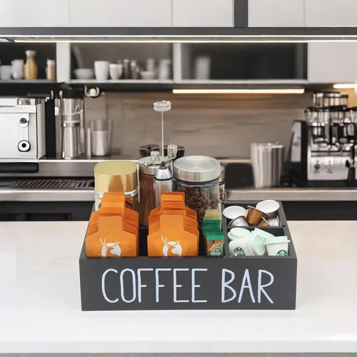 Vista 6 de Bokelai Organizador de barra de café, negro, almacenamiento de accesorios de encimera de madera Removable Dividers, Disposable Cup Holder, Pods