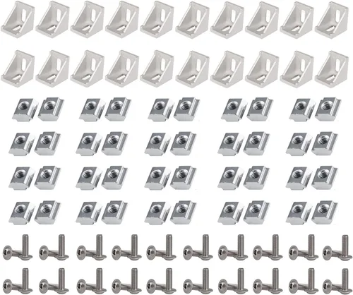 Vista 8 de Juego de conectores de perfil de aluminio de la serie 2020, 4 soportes de esquina, 8 tuercas M5 x 0.315 in, 8 tornillos de rosca de tapa hexagonal