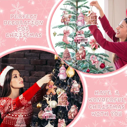 Vista 6 de 24 piezas de adornos vintage rosados de Navidad en madera para árbol colgante, adornos de árbol de Navidad en madera con muñeco de nieve rosado