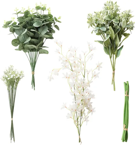 Vista 7 de Juego de tallos de follaje artificial, 59 piezas con 7 tipos de flores de follaje sintéticas para manualidades, ramos de novia, arreglos florales