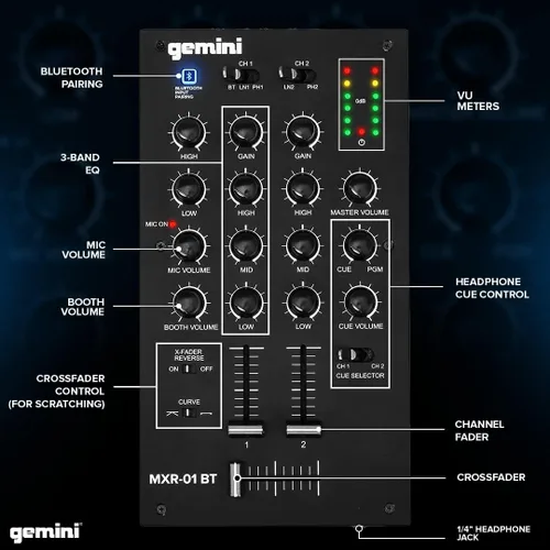 Vista 5 de Gemini Mezclador DJ Bluetooth de 2 canales, curva Crossfader (MXR-01BT)